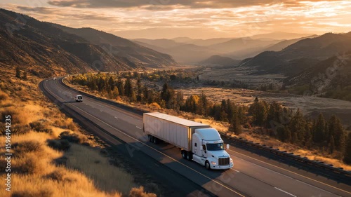 A semi-truck drives along a highway at sunset, framed by mountains and a vast valley.