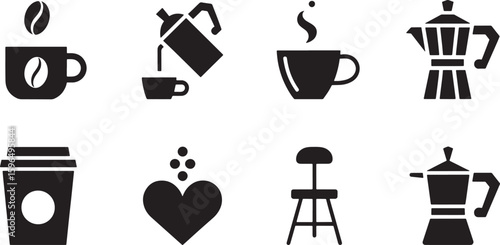 Coffee Time Icons Set Black Silhouette on Transparent Background Espresso Cappuccino Moka Pot Takeaway Cup Chair