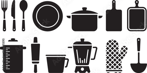 Complete Kitchenware Silhouette Collection on Transparent Backdrop for Culinary and Design Applications