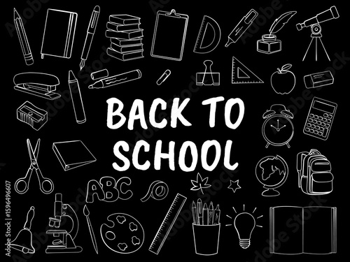 Hand drawn back to school doodles. Pencil, backpack, books, globe, ruler, binder, alarm clock, calculator and stationery icons. Vector outline school illustration.