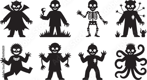 Cartoonish Halloween Monsters Silhouettes Collection on Transparent Background for Creepy Decoration and Design