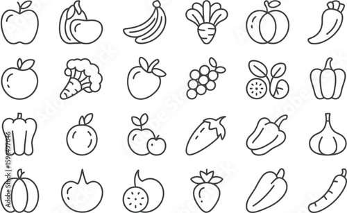 Collection of hand drawn fruit and vegetable icons in black and white