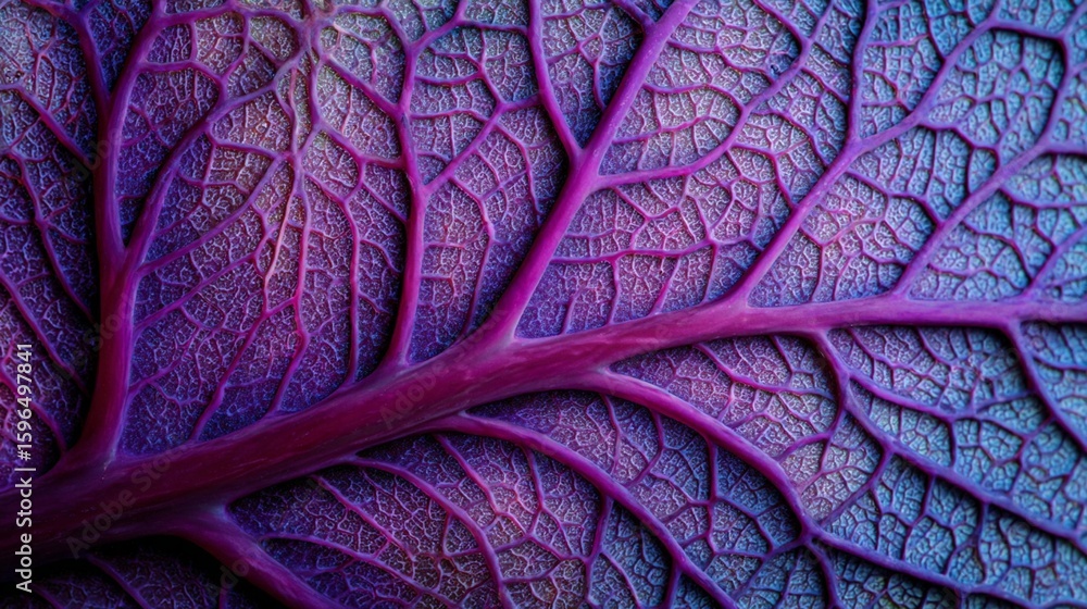 Obraz premium Ultra-detailed macro of purple cabbage leaf veins in vivid color.