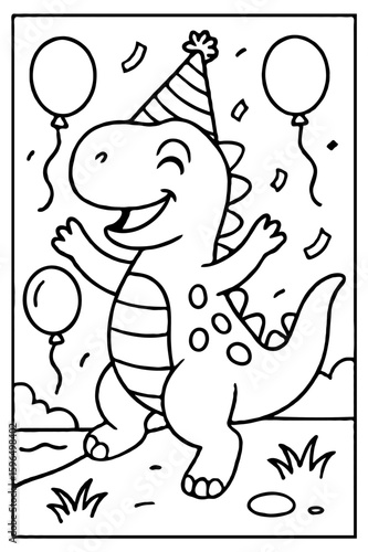 Cute Cartoon Dinosaur Wearing Party Hat with Balloons and Confetti - Celebration Coloring Page