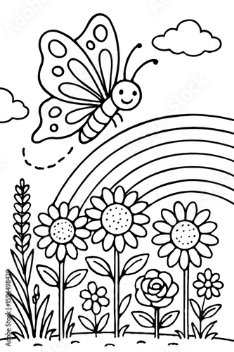 Wallpaper Mural Happy Butterfly Flying Over Garden Flowers with Rainbow - Nature Coloring Page Torontodigital.ca