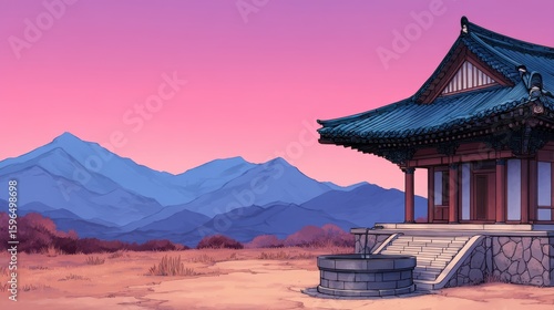 Wallpaper Mural A traditional Asian pavilion stands beside a well, set against purple mountains and a pink sky at dusk. Torontodigital.ca