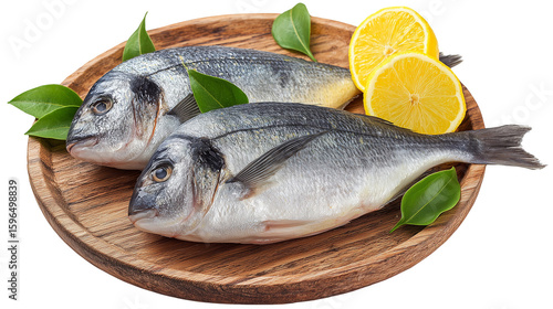 Two fresh fish placed on a wooden plate isolated on transparent background top view