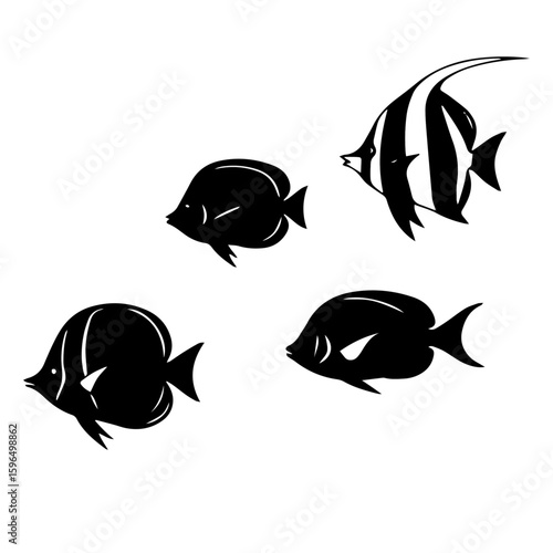 School of Fish Vector Graphic, Marine Life Silhouette Icons, 
Underwater Tropical Fish Illustration, Exotic Sea Creatures Design Set.
