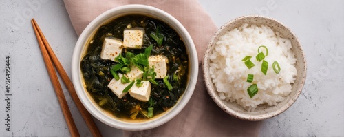 A bowl of miso soup with tofu and seaweed, accompanied by a bowl of steamed white rice garnished with chopped green onions.