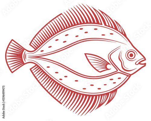 Detailed red line art illustration of a flatfish marine animal on a white background.