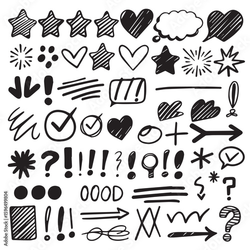 Doodle elements with hearts, stars, arrows, and punctuation marks