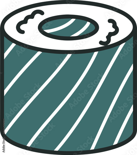 A stylized illustration of a single maki sushi roll, featuring teal seaweed and white rice.