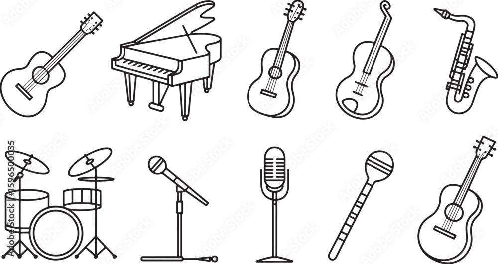 Obraz premium Musical Instruments Icons Set Outline Style Guitar Piano Violin Saxophone Drums Microphone on Transparent Backdrop