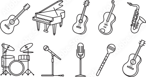 Musical Instruments Icons Set Outline Style Guitar Piano Violin Saxophone Drums Microphone on Transparent Backdrop