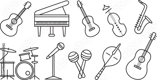 Musical Instruments Line Art Collection Acoustic Guitar Piano Violin Saxophone Drums Microphone Maracas Vector