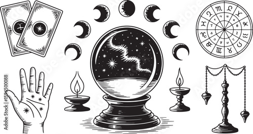Mystical Divination Elements Collection Fortune Telling Symbols Palmistry Tarot Cards Astrology Chart Pendulum