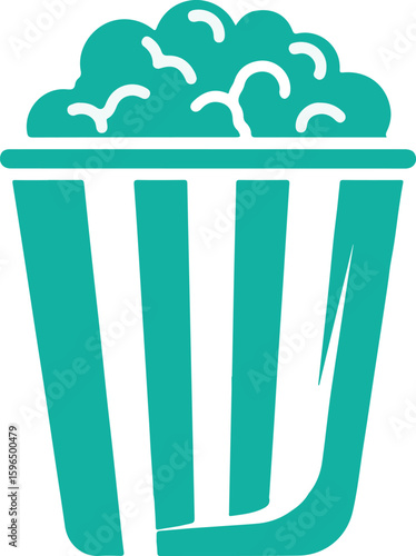 Teal popcorn bucket filled with fluffy popcorn, featuring vertical stripes and a simple, stylized design.