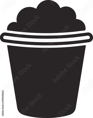 Simple black and white illustration of a bucket filled with bubbles.