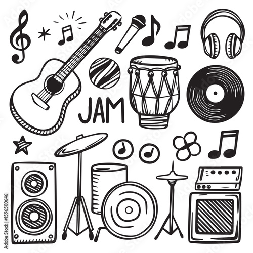 Musical instruments and music notes for jamming in black and white