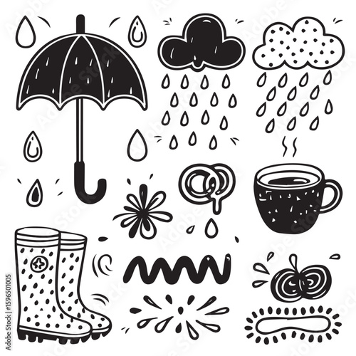 Rainy day doodles include umbrella, clouds, boots, hot drink and flower