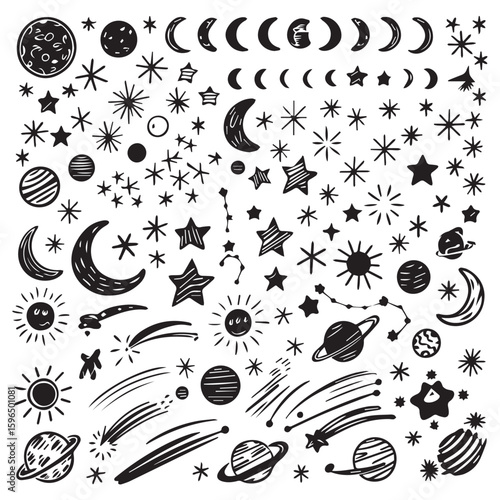 Hand drawn celestial elements, planets, moon phases, stars, comets