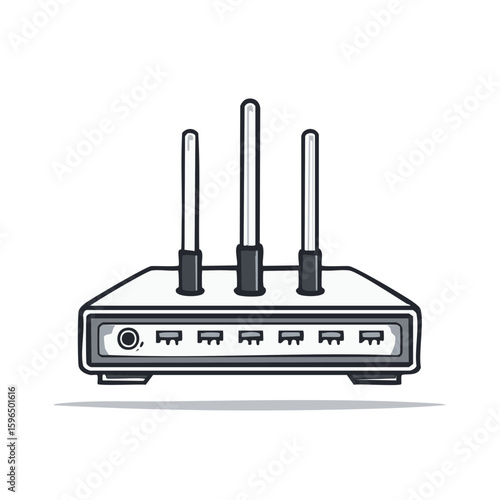 Wireless router icon design with three antennas and multiple ports in cartoon illustration style for technology networking