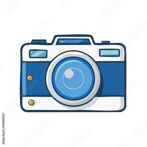 Illustration of a blue camera with lens for taking pictures and capturing memories