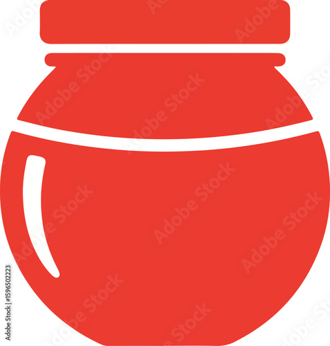 A red glass jar filled with a red liquid, likely jam or preserves, with a lid.
