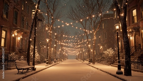 Snowy, charming city street at night, decorated with warm lights