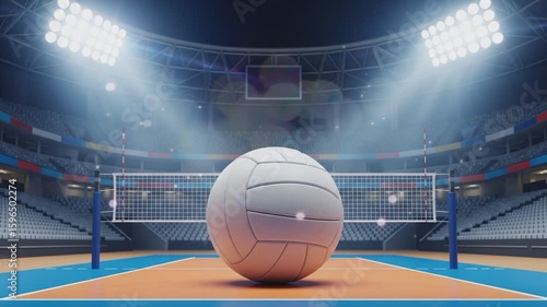 volleyball on the floor of a volleyball court in a stadium with lighting effects

