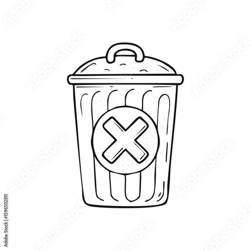 Hand-Drawn Trash Can with X Icon Symbolizes Deletion Removal and Recycling Process in a Sketch Style