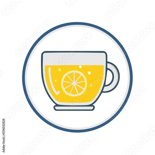 Refreshing lemon infused drink in glass mug with decorative design on white and blue circle