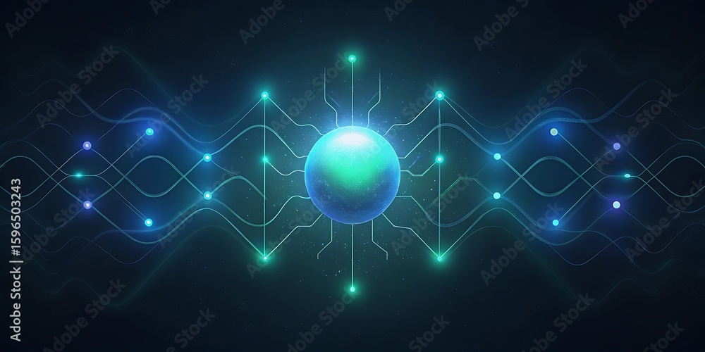 Naklejka premium A central glowing sphere with interconnected circuits and energy waves represents advanced technology.