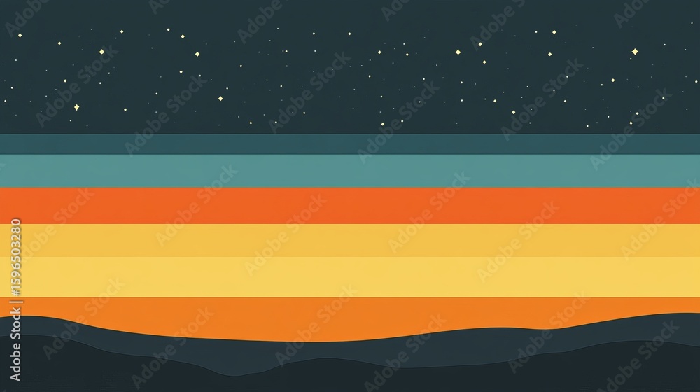 Obraz premium Retro sunset landscape with horizontal stripes and starry night sky, depicting a serene, minimalist scene