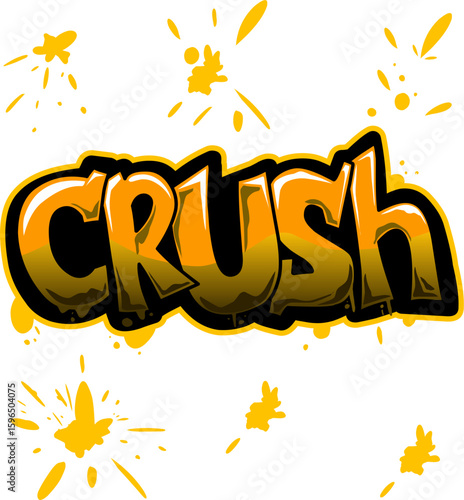 Dynamic graffiti-style 'CRUSH' word art. Vibrant orange and yellow on a bold blue background with splatters. Perfect for urban, music, or playful designs.