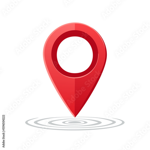 Red Location Pin Symbol with Circle Waves below Indicating Position or Destination, GPS Navigation Pointer