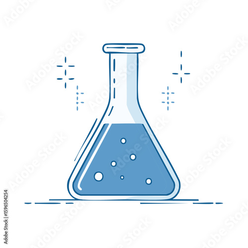 Erlenmeyer flask with blue liquid and bubbles in a laboratory setting