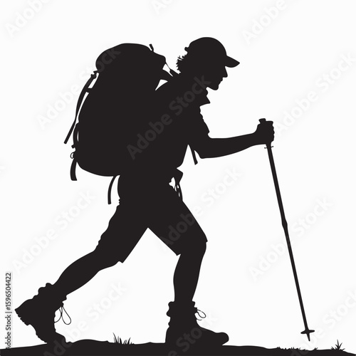 Hiker with Trekking Poles Silhouetted Against a White Background