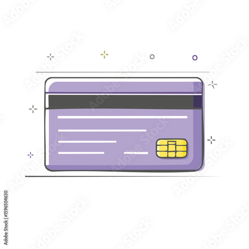 Purple cartoon credit card with chip for payments and purchases