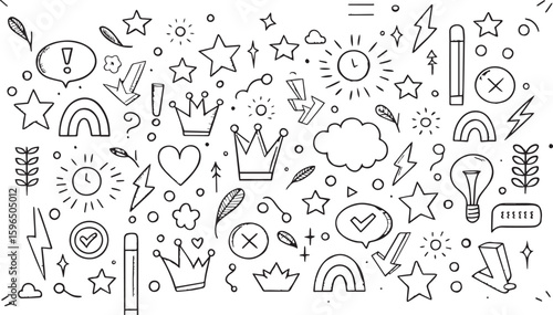 Black and white hand drawn doodle elements including stars crowns rainbows lightning bolts and speech bubbles