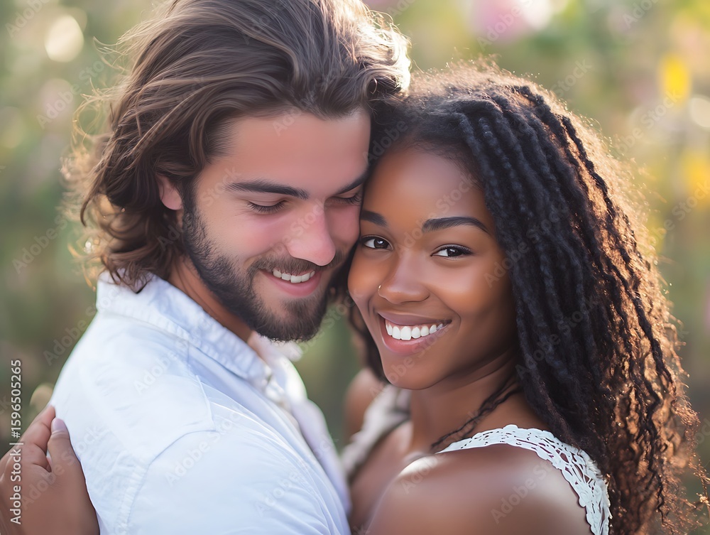 Smiling Interracial Couple Embracing Outdoors with Natural Light and Blurred Floral Background, Romantic Moment Smiling Interracial Couple Embracing Outdoors with Natural Light and Blurred Floral Background, Romantic Moment