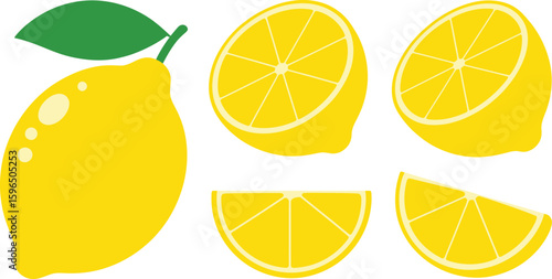 Collection of yellow lemons and lemon slices on a white background