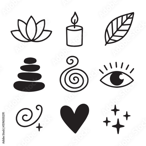 Wellness icons lotus flower candle stacked stones leaf eye heart and stars