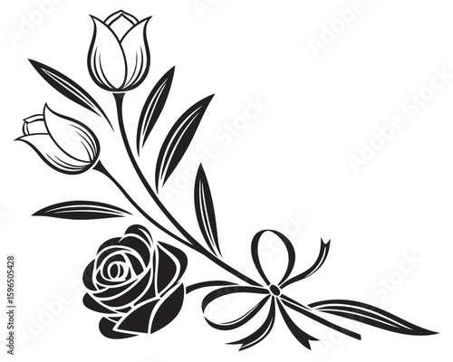 Elegant black and white floral corner design with roses tulips leaves and bow details vector illustration.