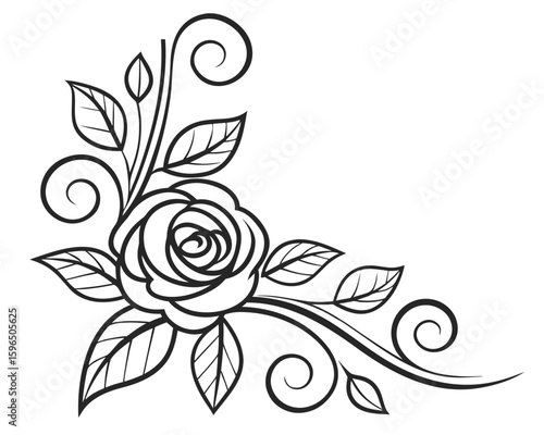 Elegant corner floral design with rose and leaf elements in black and white vector illustration.