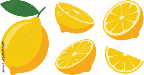 Fresh yellow lemons and slices isolated on white background