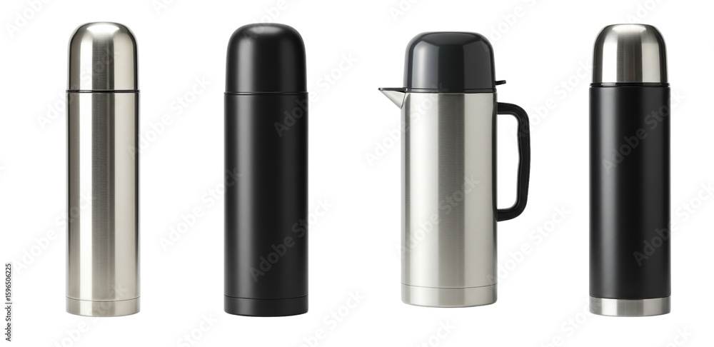 Fototapeta premium Assorted thermal containers showcasing sleek minimalist design and monochrome palettes