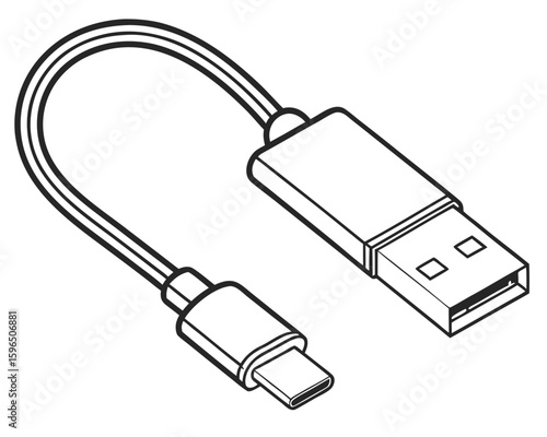 Vector illustrated usb type c to usb a cable isolated on white background in outlined style. usb, cable, charger, type c, usb a, connector, cord.