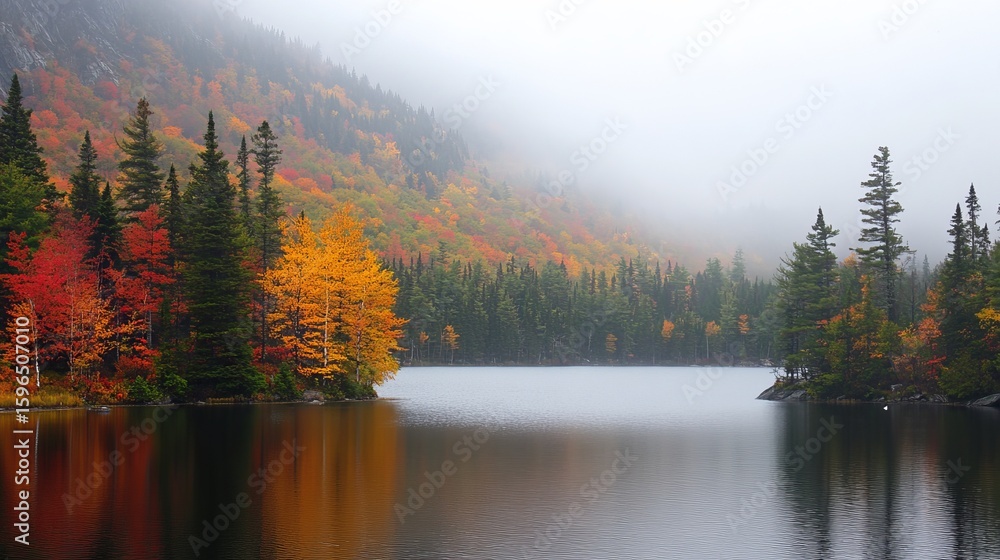 Misty autumn lake reflecting vibrant fall foliage on its tranquil surface, nestled within a mountain range Misty autumn lake reflecting vibrant fall foliage on its tranquil surface, nestled within a mountain range