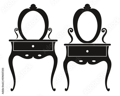 Elegant black silhouette illustration of a classic vanity dressing table with oval mirror and drawer.